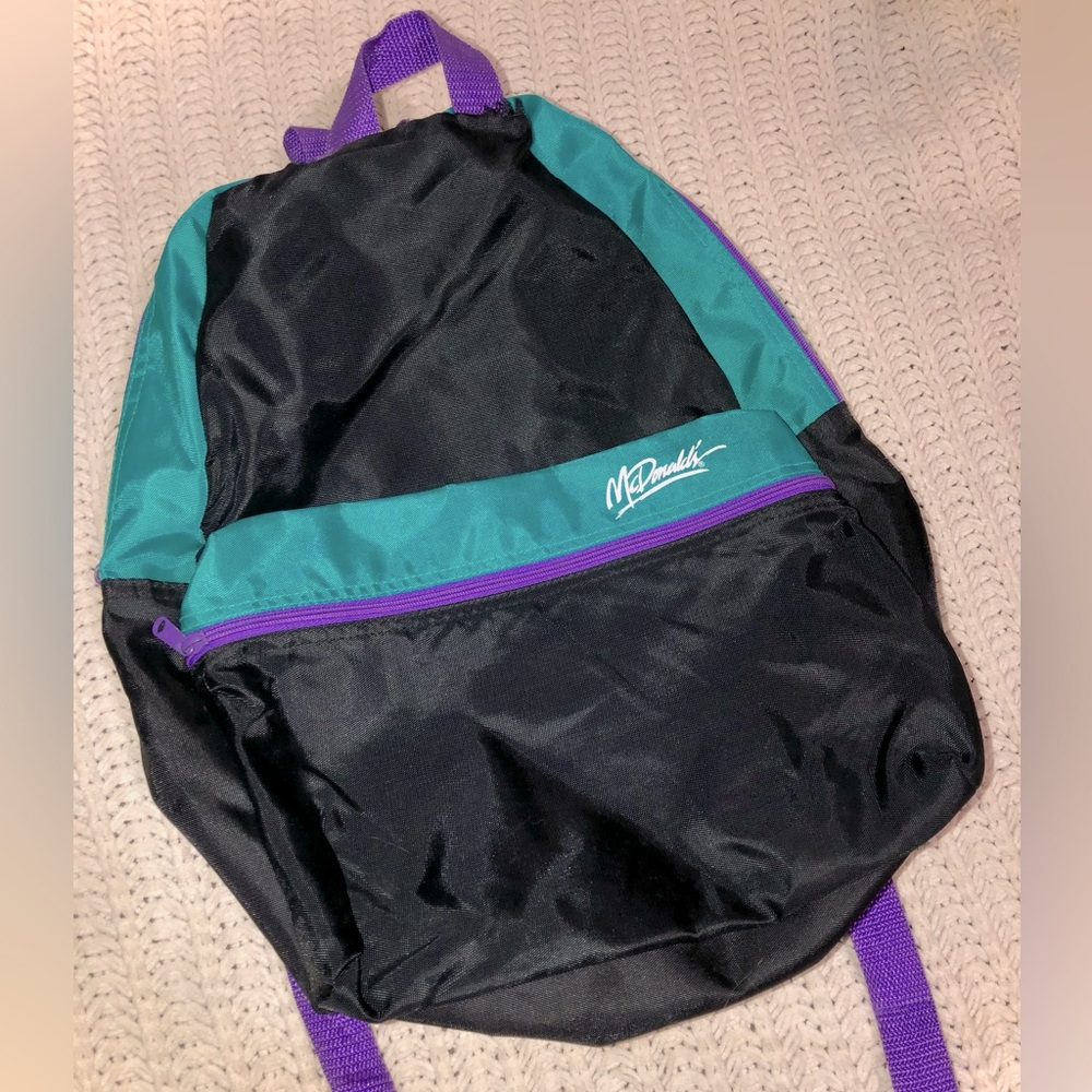 Vintage 1989 McDonalds Backpack Colorblock Teal Purple Black 15"